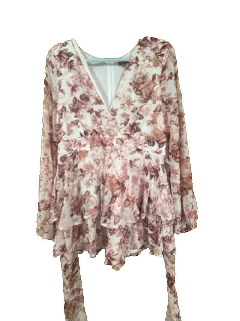 Mi Ami Francesca's Large Floral V-Neck Romper Skort Long Sleeve Tiered Ruffle